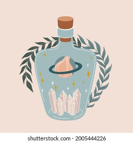 Magic bottle. Vintage potion. Witchcraft art. Flat vector illustration in pastel colors. 