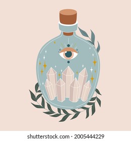 Magic bottle. Vintage potion. Witchcraft art. Flat vector illustration in pastel colors. 