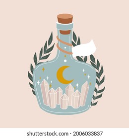 Magic bottle. Vintage potion. Witchcraft art. Flat vector illustration in pastel colors. 