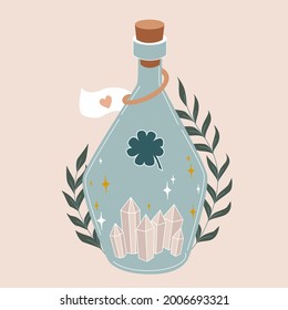 Magic bottle. Vintage potion. Witchcraft art. Flat vector illustration in pastel colors. 