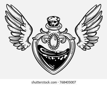 Magic bottle with wings. Gothic style. Vector illustration isolated. Tattoo design, magic symbol for your use.