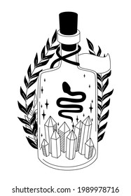 Botella mágica. Brujería. Vial con cristales, hojas, estrellas. Estilo gótico. Ilustración vectorial en blanco y negro. Símbolo estotérico. Tatuaje, logotipo, arte para imprimir, afiches, camisetas
