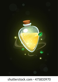 Magic bottle yellow shine. Game icon of magic elixir. Vector design for app user interface. 