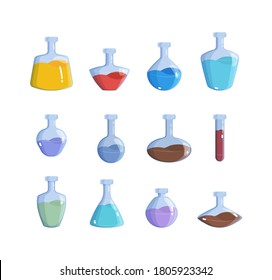 Magic bottles. Alchemy potion elemental magic 2d game items vector colored illustrations