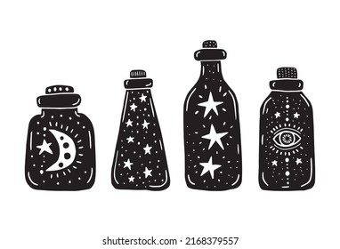 Magic bottles. Black and white illustration isolated.