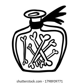 Magic bottles with bones. Love potion halloween. Halloween. Hand drawn illustration for cards, posters, stickers and professional design.