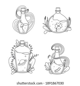 Magic Bottles collection - Coloring book page. Vector illustration