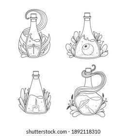 Magic Bottles collection - Coloring book page. Vector illustration