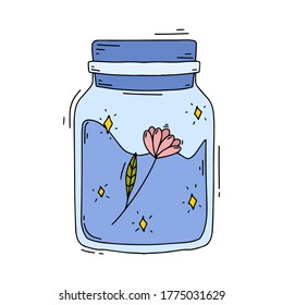 Magic bottles, colorful vector potions, cute bottles with drinks, cartoon illustrations, witch elixir, fantasy drinks, wizard, floral bottle
