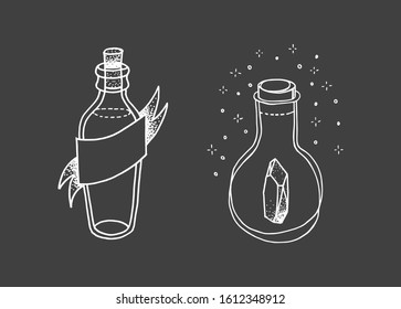 Magic bottles doodle sketch, hand drawn illustration, crystal