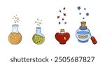 Magic Bottles, Glass flasks with potions of different shapes with stoppers and bubbles. Vector illustration Alchemical elixirs, potions, liquids different. Thema magic, medicine, alternative therapy.