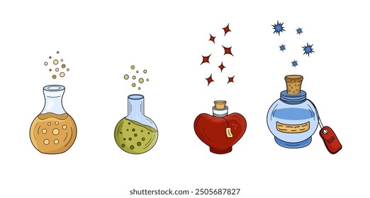 Magic Bottles, Glass flasks with potions of different shapes with stoppers and bubbles. Vector illustration Alchemical elixirs, potions, liquids different. Thema magic, medicine, alternative therapy.