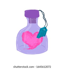 Magic bottles of love potion and the heart inside isolated on white background in flat style. Illustration with magic symbol, flasks, vials, crystals for love invitation in neon colors. Vector