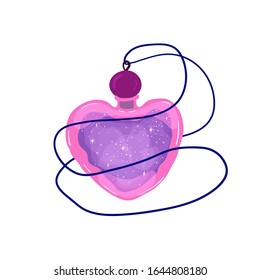 Magic bottles of love potion isolated on white background in flat style. Illustration with magic symbol, flasks, vials, crystals for love invitation in neon colors. Vector