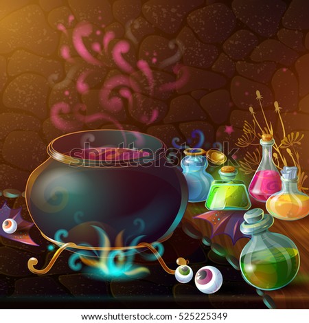 Magic Bottles of potion composition with large pot and ingredients for potion around vector illustration