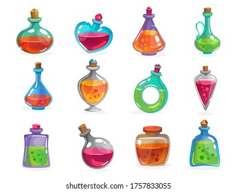 Magic bottles with potion set on white background vector illustration. Collection of containers with magical elixir. Jars with colourful liquid for transformations