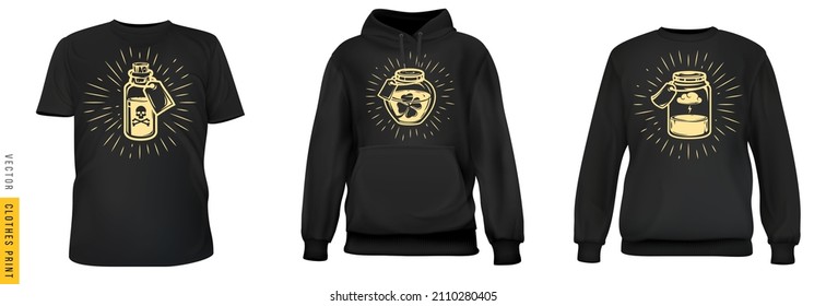 Magische Flaschen drucken. Set realistisches T-Shirt, Sweatshirt, Hoodie-Base-Tuch einzeln auf einfachem Hintergrund. Mock up for branding man or women mode. Entwerfen Sie eine lockere Vorlage. 3D-Vektorgrafik.