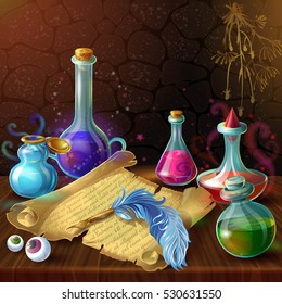 Magic bottles with recipe composition with potion jars plugs and human eyes on wooden table vector illustration