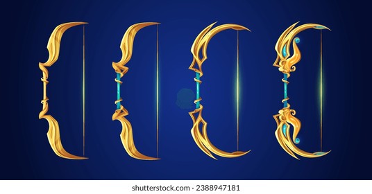 Magic bows game set isolated on background. Vector cartoon illustration of golden weapons with shiny bowstring and handle decorated with blue gemstones, medieval crossbows, hunting tools, game props
