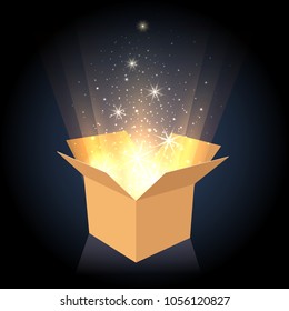 Magic box. Cardboard box with glow lighting inside, opened gift container vector illustration