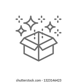 Magic box with confetti, gift line icon.