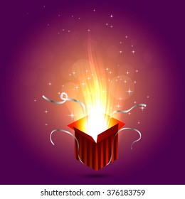 Magic box. Gift box. Christmas lights. Vector illustration