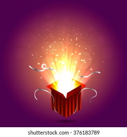 Magic box. Gift box. Christmas lights. Vector illustration