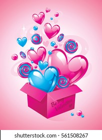 
Magic box with hearts and sweets on a pink background
