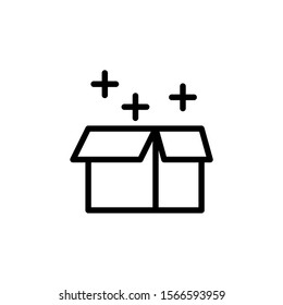 Magic box icon in line art style on white background, sign for mobile concept and web design, Open gift box and magic stars simple line vector icon, Symbol, logo illustration