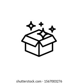 Magic box icon in line art style on white background, sign for mobile concept and web design, Open gift box and magic stars simple line vector icon, Symbol, logo illustration