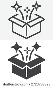 Ícone de caixa mágica definido em estilo de linha e sólido. Contorno e sinal de vetor preenchido com traçado editável, ícone de símbolo surpresa para ilusão, truques e temas de fantasia.
