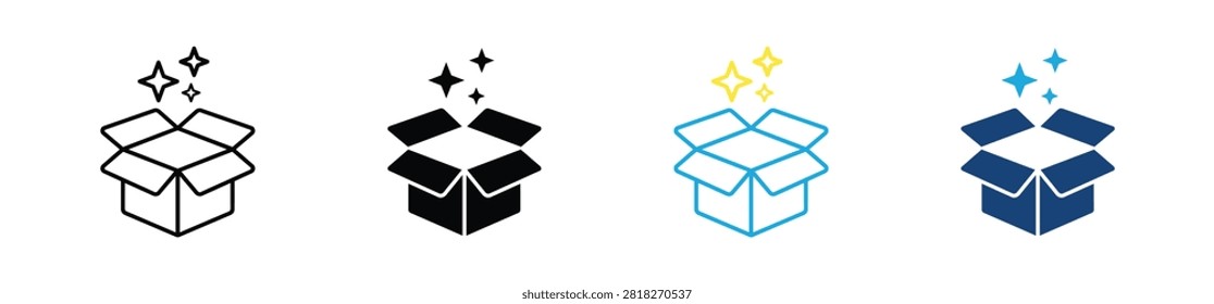 Magic Box Icon Set with Open Package and Sparkles for Surprise, Gift and Unboxing .Vector Illustration