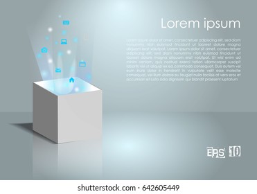 Magic box with light and icon in grey and blue color