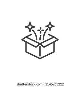Magic Box Outline Icon. Linear Style Sign For Mobile Concept And Web Design. Open Gift Box And Magic Stars Simple Line Vector Icon. Symbol, Logo Illustration. Pixel Perfect Vector Graphics