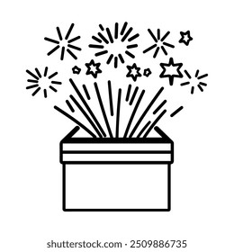 Magic box outline icon. linear style sign for mobile concept and web design. Open gift box and magic stars simple line vector icon. Symbol, logo illustration