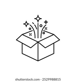 Ícone de contorno de caixa mágica. sinal de estilo linear para conceito móvel e web design. Abrir caixa de presente e estrelas mágicas ícone vetor de linha simples. Símbolo, ilustração de logotipo