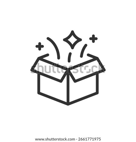 Magic box with sparkles, linear icon. Surprise gift or mystery package. Line with editable stroke.
