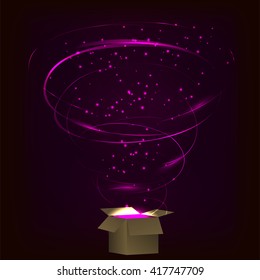 Magic box with tornado fireworks, circular plasma explosion, sparkles, pink magic and spell  heading up in spiral. 