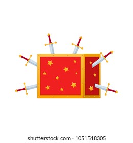 Magic box, trunk for magic tricks, magic show. Show with knives, piercing the box with swords, tricks with disappearance. Item for game user interface, web games. Vector illustration isolated.