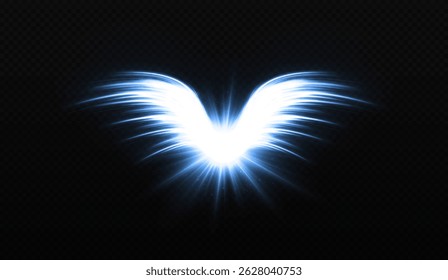 Magic bright angel wings with sparkling rays effect. Glowing star with shinning angel wings effect.