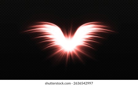 Magic bright angel wings with sparkling rays effect. Glowing star shines with radiant angel wings and ethereal light.