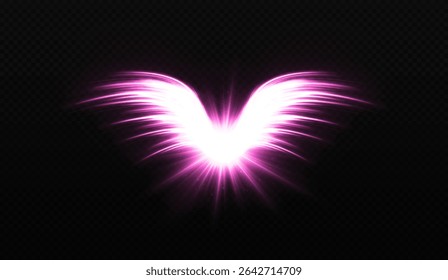 Magic bright angel wings with sparkling rays effect. Glowing star shines with radiant angel wings and ethereal light.