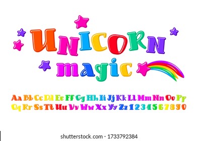 Magic bright font, alphabet in the cartoon style, multicolored trendy letters and numbers for you design, vector illustration 10eps