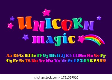 Magic bright font, alphabet in the cartoon style, multicolored trendy letters and numbers for you design, vector illustration 10eps