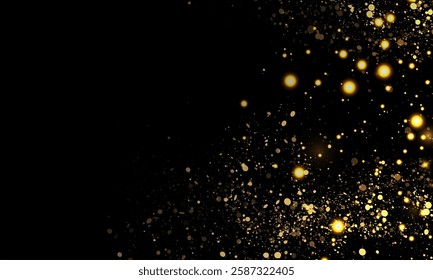 Magic bright golden cloud of sparkling bokeh highlights. Small, bright particles of sparkling bokeh highlights and fine bright dust. Christmas colorful glow effect on dark background	