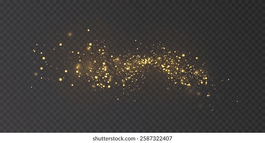 Magic bright golden cloud of sparkling bokeh highlights. Small, bright particles of sparkling bokeh highlights and fine bright dust. Christmas colorful glow effect on dark background	