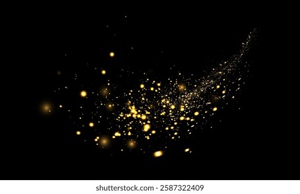 Magic bright golden cloud of sparkling bokeh highlights. Small, bright particles of sparkling bokeh highlights and fine bright dust. Christmas colorful glow effect on dark background	