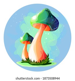 Magic bright mushrooms on a blue background in a circle. Fireflies and fog. Nice sticker.