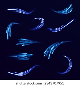 Magic bright shine glow of energy lines, shiny swirl power waves flow. Abstract blue light twist. Blue light vector effect, curve shape neon speed motion. Electric trail glowing in dark background.