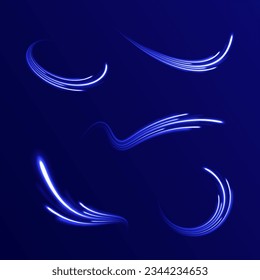 Magic bright shine glow of energy lines, shiny swirl power waves flow. Abstract blue light twist. Blue light vector effect, curve shape neon speed motion. Electric trail glowing in dark background.